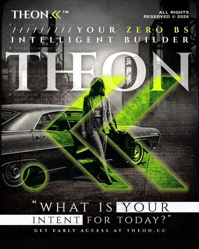 Campaign poster: a figure beside a classic car, under the THEON mark